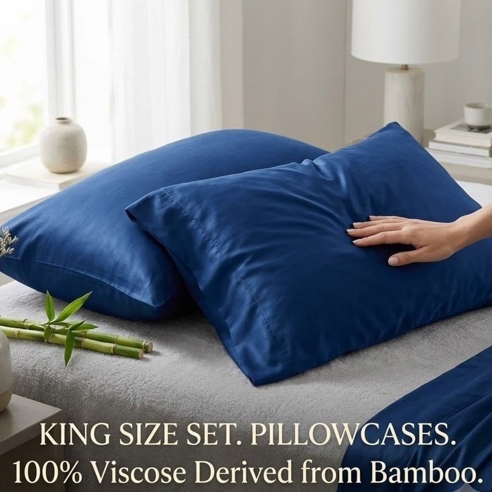 Pure Bamboo 2 Pillowcases King Royal Blue Organic Viscose Cooling Bedding Luxury